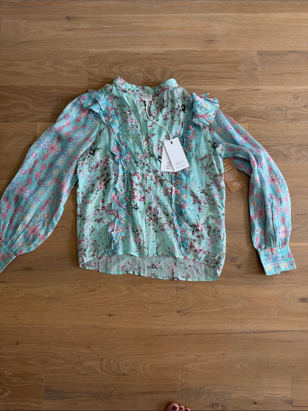 HEMANT & NANDITA Mint Floral Ruffle Blouse